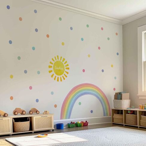 Watercolor Rainbow, Sun, Polka Dots Wall Decal for Kids Room, Nursery, Baby Room Decor, Polka Dots Mural, Rainbow Wallpaper (Rainbow-Sun-Polkadots, XXLarge) in Saudi Arabia