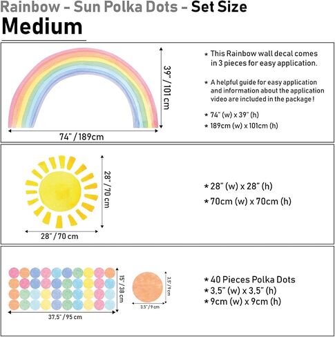 Watercolor Rainbow, Sun, Polka Dots Wall Decal for Kids Room, Nursery, Baby Room Decor, Polka Dots Mural, Rainbow Wallpaper (Rainbow-Sun-Polkadots, XXLarge) in Saudi Arabia