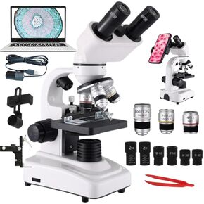 40x-2400x Binocular Biological Compound Microscopes W/Electronic Eyepiece/3 Objective Lens/Mobile Phone Holder, Metal-Body Dual Led Illumination,for School Lab, Homeschool,White