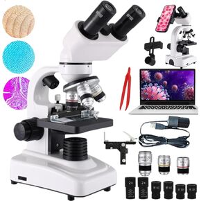 Compound Binocular Microscopes 40x-2400x ,Professional Microscope For Kids Students Adults, Microscope Accessories, Phone Adapter,E-Eyepieces&Mobile Phone Holder,For School Laboratory ,White