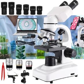 Binocular Compound Microscope 40X-2400X, Research Grade Professional Microscope with Dual LED lighting&Coaxial Coarse/Fine Focus Knobs, Built-in Electronic Eyepieces&Mobile phone holder ,White