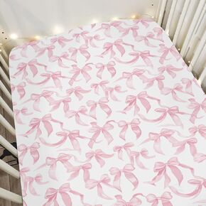 Pink Valentine's Bows Baby Crib Sheets for Boy Girl 52"x28" Girl Bows Soft Stretchy Fitted Crib Mattress Cover Baby's First Valentine's Day Baby Sheet Fits Crib and Toddler Bed Mattresses