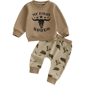 Toddler Baby Boy Western Clothes “My First Rodeo" Sweatshirt Top Pants Set 2Pcs Fall Winter Cowboy Outfit
