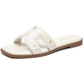 Lryweisy Women's Flat Sandals Comfortable Slip On Slides With Soft Leather Slippers