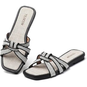 Tilocow Women Flat Sandals Slip On Comfortable Square Open Toe Slides Vacation Shoes