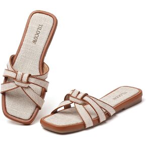 Tilocow Women Flat Sandals Slip On Comfortable Square Open Toe Slides Vacation Shoes in Kuwait