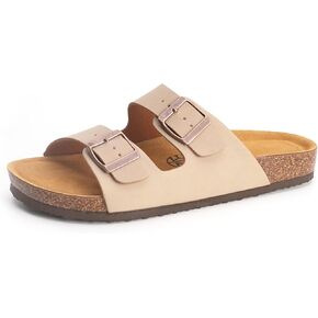 Women's Adjustable Double Buckle Brown Slide Sandal, Comfortable Cork Footbed Sandals for Men and Women, with arch support