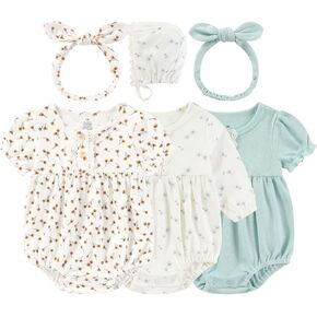 Kiddiezoom Baby Girl Cotton Fresh floral fragments Bubble Romper Cute straps and headscarves