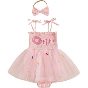 Baby Girls 1st Birthday Romper One Year Old Donut Embroidery Smocked Romper Dress Tulle Cake Smash Bodysuit Clothes