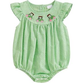 Newborn Baby Girl Golf Outfit Summer Fly Sleeve Golfing Theme Embroidery Smocked Plaid Romper Bodysuit One Piece in Kuwait