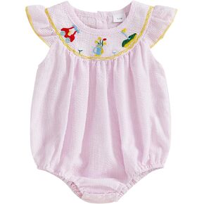 Baby Girl Smocked Bubble Romper Golf Embroidery Short Sleeve Peter Pan Collar Bodysuit Newborn Summer Clothes