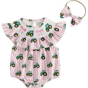 LZUBCPY Baby Girl Summer Tractor Bow Embroidery Smocked Bubble Romper in Pink Stripe Headband Cute Newborn Going Home Outfit