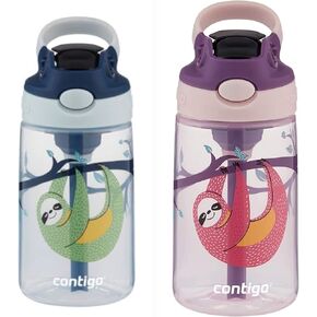 Contigo Kids Water Bottle, 14 oz with Autospout Technology – Spill Proof, Easy-Clean Lid Design – Ages 3 Plus, Top Rack Dishwasher Safe,2-PK Purple-Pink Sloth- Blue-Green Sloth