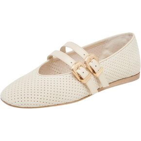 UBWDU Suede Mary Jane Flats for Women Perforated Round Toe Ballet Flats Comfortable Ballerina Shoes with Double Buckle Strap