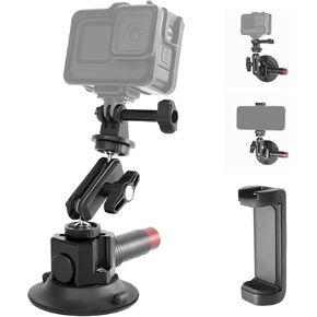 3"/7.6cm Camera Suction Cup Phone Mount with Ball Head Magic Arm, Quick Release Car Mount for Action Camera Phone DJI Insta360, Air Pump Vacuum Suction Cup, 1/4" &3/8" ARRI Holes
