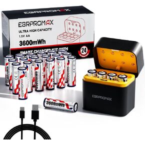 Premium AA Rechargeable Batteries Lithium 24 Pack with Charger - 1.5V 3600mWh High Capacity Rechargeable AA Batteries, 2500 Cycles Long-Lasting Doubel A Batteries for Blink Outdoor Camera