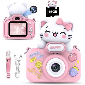كاميرا الأطفال لمدة 3-8 سنوات ، كاميرا الأطفال Digital Digital Camera Toddler لمدة 9 10 11 12 سنة هدايا أعياد الميلاد ، وكاميرا فيديو 1080p مع غطاء واقعي لطيف وبطاقة SD 16 جيجابايت