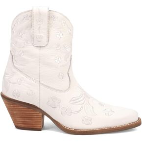 Dingo Womens Sweetheart Floral Embroidered Snip Toe Pull On Casual Boots Ankle Mid Heel 2-3" - White