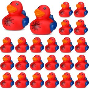 Leyndo 24 Pcs Spiderweb Birthday Party Decoration Favors Spiderweb Rubber Duck Bulk for Bathtub Floating Pool Squeaky Red Blue Duck for Gifts Party Supplies