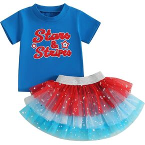 Toddler Baby Girl 4th of July Outfit Letter Embroidery T-Shirt Top and Tulle Tutu Skirt Set Kids Patriotic Clothes