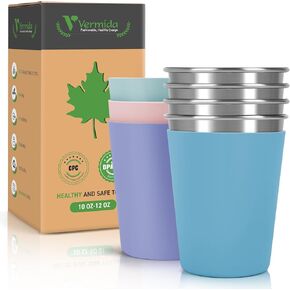 Stainless Steel Cups for Kids and Toddlers, 10oz Stackable Stainless Steel Kids Cups with Silicone Sleeves Sweat Proof, Unbreakable Metal Cup for Home & Outdoor Activities, BPA Free (4 Pack)