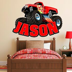 Monster Truck Name Wall Decal Sticker Art with Personalized Custom Name for Boys Rooms-Big Truck Tire Crushing Letters Theme Bedroom Decor, Vinyl Peel and Stick Decorations for Kids, Teens, Grandchild