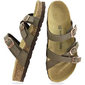 Women Men Walking Cork Sandals with Adjustable Buckle Strap, Orthotic Arch Support, Soft Comfortable Summer Casual Beach Slides for Everyday Walking, Slip-On Leather-Like Vegan Wide Fit