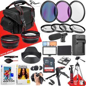 حزمة ملحق 49 مم لـ Canon EOS: R50 ، R100 ، M5 ، M6 Mark II ، M6 ، R10 + LED LID + Microphone + Hide Angle and Telephoto + Filters + More (28pc Bundle)