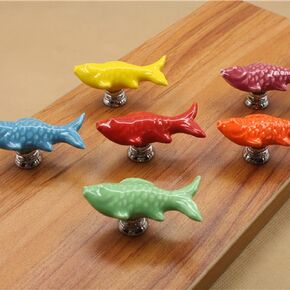 10X Retro Fish Ceramic Door Knob Kid Room Cupboard Cabinet Drawer Pull Handle - (Color: Random Color)