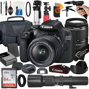 Canon EOS 2000D / Rebel T7 DSLR كاميرا مع EF-S 18-55mm + 500mm Lens Focus Lens + Sandisk 64GB Card + Tripod + Case + MegaAccessory Bundle (23pc Bundle) (متجددة)