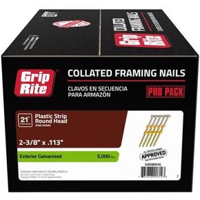 Grip-Rite GR08RHG, 21-degree RH HG Plastic Strip Collated Fasteners, 2-3/8" x .113 Hot Galvanized Ring, 5,000 Nails, Robust Construction