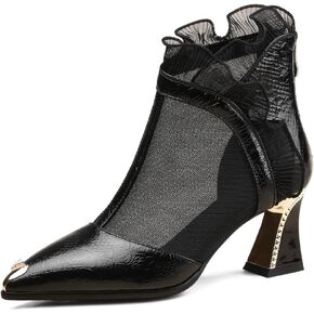 TinaCus Genuine Leather Mid Chunky Heels Handmade Back Zipper Women's Mesh Booties with Lace