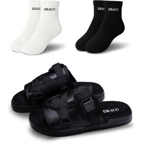 DracoSlides Original Slides for Men & Women, Made from Silk with Adjustable Straps, Sandals with Arch Support & Slip Resistant - Plus 1 White & 1 Black Comfort Fit Ankle Socks - Bundle
