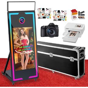 Magic Mirror Photo Booth with Camera and Printer, 65" Mirror Photo Booth Machine Built-in Mini PC with 43in Touch Screen for Events Parties Wedding Rental (Black, 65in+Cameras+Photo Printer)