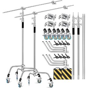 2-Packs Heavy Duty C Stand with Wheels and Boom Arm Adjustable 10.8ft 100% Stainless Steel Reflector Light Stand C-Stand with Grip Head&Sandbag&Clamps&Carry Bag for Photography Studio Video Shooting
