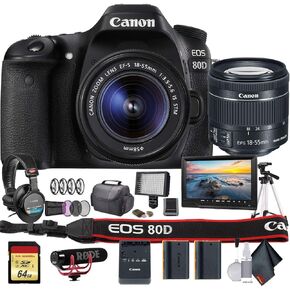 كاميرا Canon EOS 80D DSLR مع عدسة 18-55 مم (طراز دولي) (1263C005) مع حقيبة ، بطارية إضافية ، مصباح LED ، ميكروفون ، مرشحات ، ترايبود ، شاشة + المزيد - حزمة احترافية (متجددة)