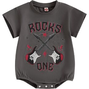 Baby Boy First Birthday Outfit Short Sleeve Shirts One Rocks Guitar Print Rock and Roll Shirt for 1 Year Old Boys