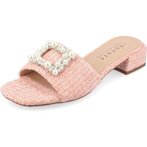 Journee Womens Pearl Raffia Slip On Open Square Toe Outset Block Heel Justina Comfort Foam Flat Sandals