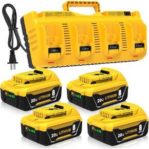 4 Packs DCB206 8.0Ah Replacement for Dewalt 20V Max Battery and 4-Port Charger Compatible with Dewalt 20V Battery Lithium Ion DCB207 DCB204 DCB200 DCB201 DCB203 Series Power Tool