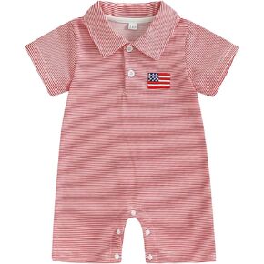 Newborn Baby Boy 4th of July Outfit US Flag Embroidery Short Sleeve Lapel Button Romper One Piece Jumpsuit Bodysuit