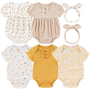 Baby Girls Boys Short Sleeve Withit مع مجموعة عصبة رأس ملابس جديدة من القطن المولود الرضع من 7 حزمة 0-12M