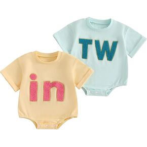 Twins Baby Girl Boy Matching Clothes Letter Embroidery Short Sleeve Crewneck Romper Bodysuit Infant Summer Outfits