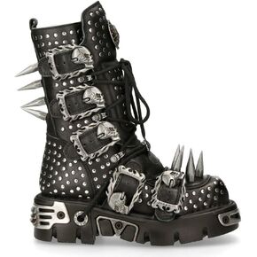 New Rock Boots 1535-S1 Womens Metallic Black Leather Goth Studded Spike Boot