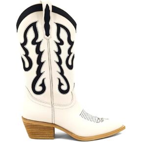 Shu Shop Womens Yaya Embroiderd Pointed Toe Casual Boots Mid Calf Low Heel 1-2" - Black, Off White