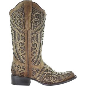 Corral Boots Womens Glitter Tooled Inlay Square Toe Casual Boots Mid Calf Low Heel 1-2" - Brown