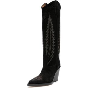 FOWT Women Platform Pointed Toe Knee High Boots Chunky High Heel Embroidery Cowboy Boots Street Casual Shoes Size 4-16 US