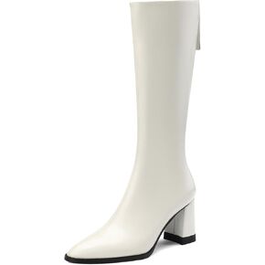 TinaCus Genuine Leather Pointed Toe Handmade Back Zipper Women's Chunky Heels Knee High Boots