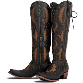 Knee High Cowboy Boots for Women Pointed Toe Side Zipper Cowgirl Boots Women's Back Lace up Chunky Heel Western shoes