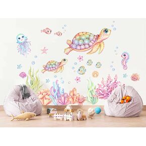 Pink and Green Undersea Adventure Wall Decal - Turtle Mom and Baby Playing with Octopus and Seahorse, Reusable Peel-and-Stick Fabric Art for Nursery and Kids' Room Décor