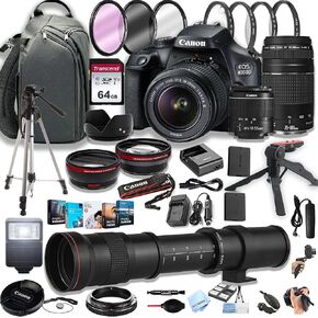 Canon EOS 4000D (Rebel T100) DSLR Camera w/EF-S 18-55mm F/3.5-5.6 Zoom Lens + 75-300mm F/4-5.6 III Lens + 420-800mm Super Telephoto Lens + 64GB Memory Cards, Professional Photo Bundle (Renewed)